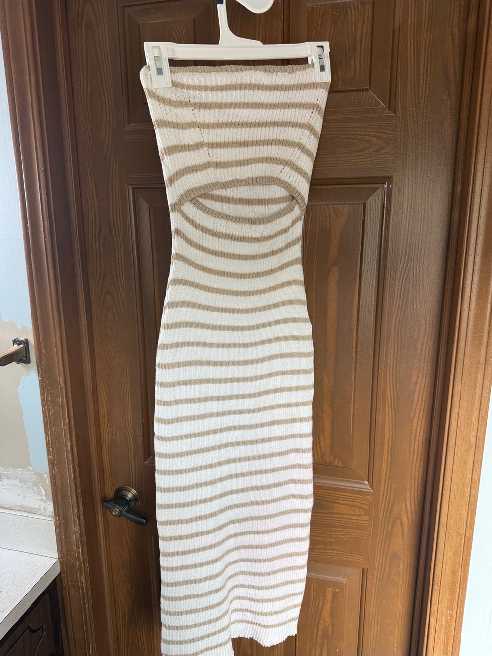 Strapless Ribbed Midi Dress in Cream and Tan
